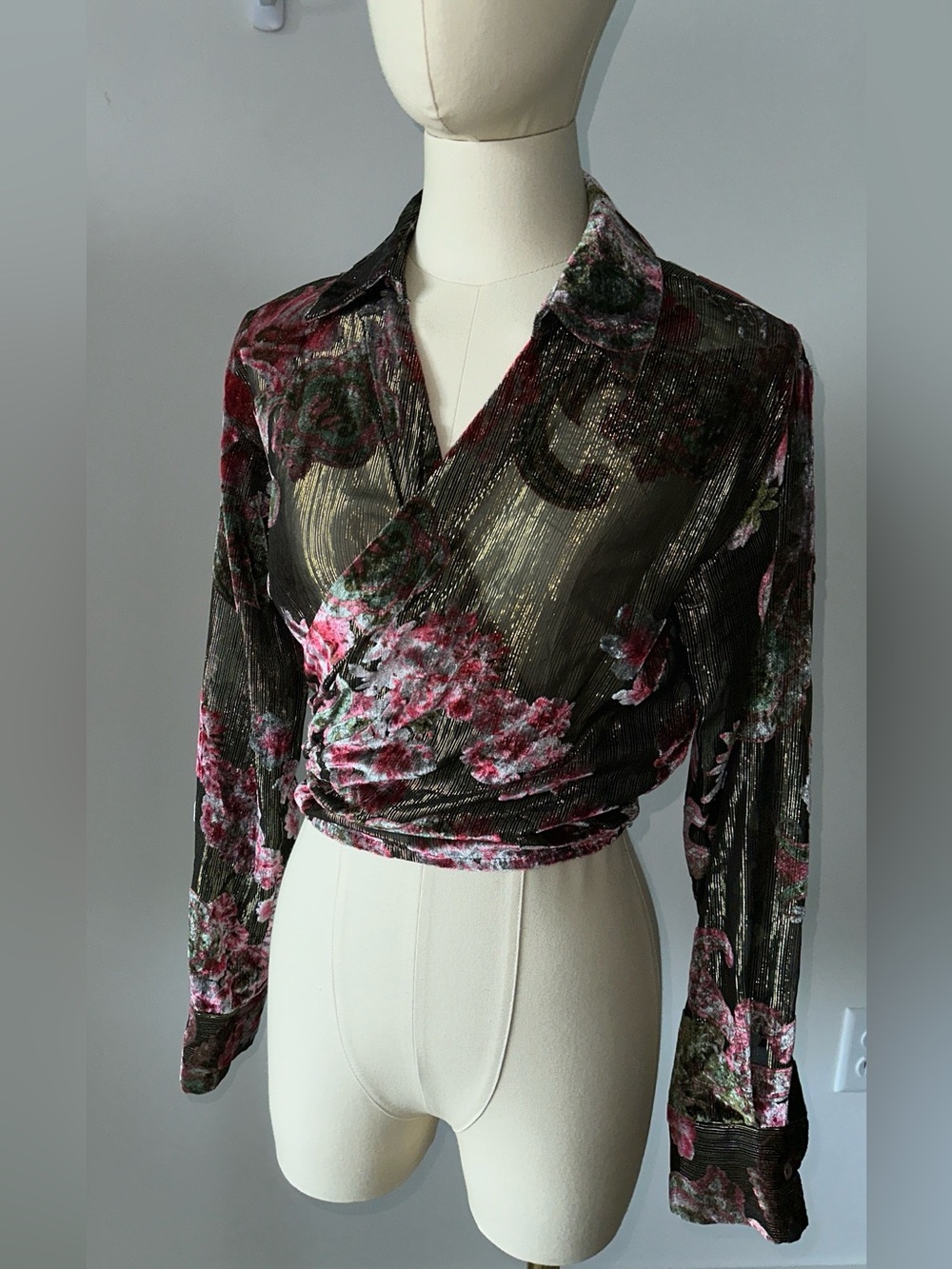 Le Superbe Velvet Floral Blouse in Olive & Pink